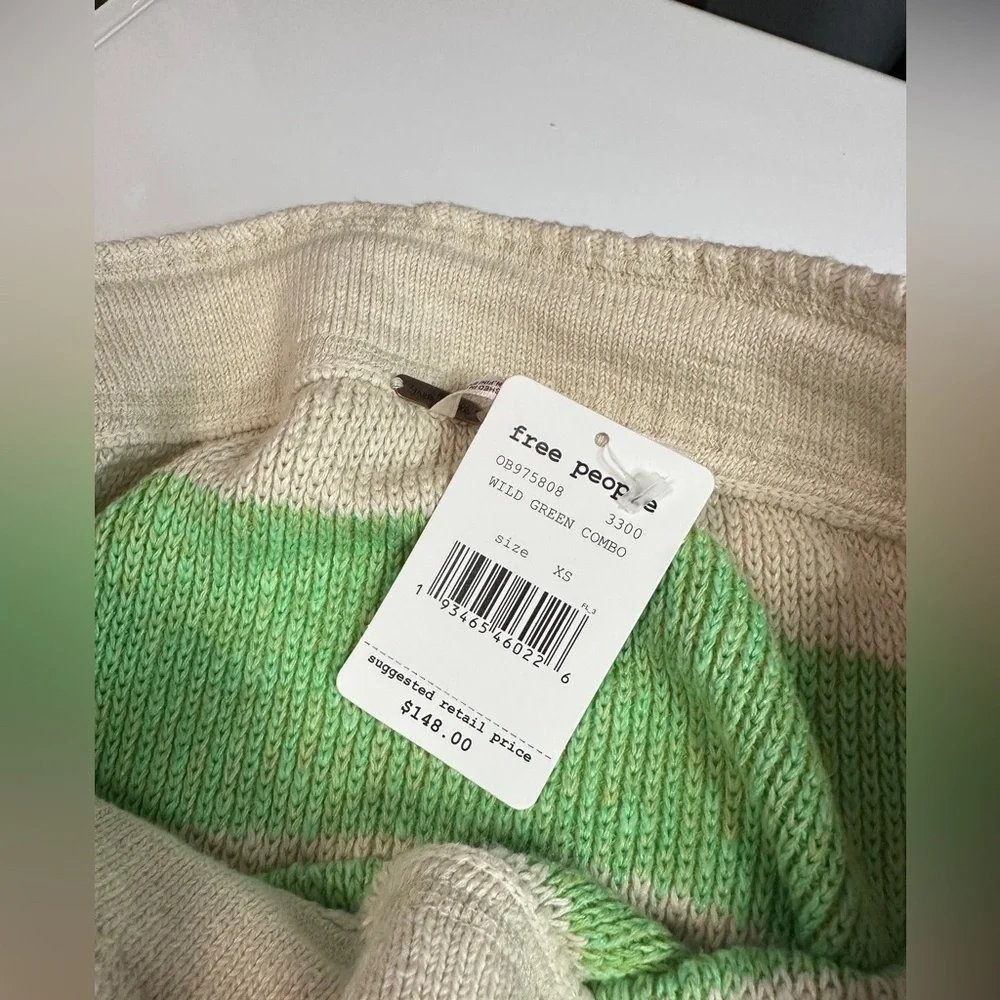 NWT Free People Cassidy Off Shoulder Sweater Striped Wild Green Combo XS